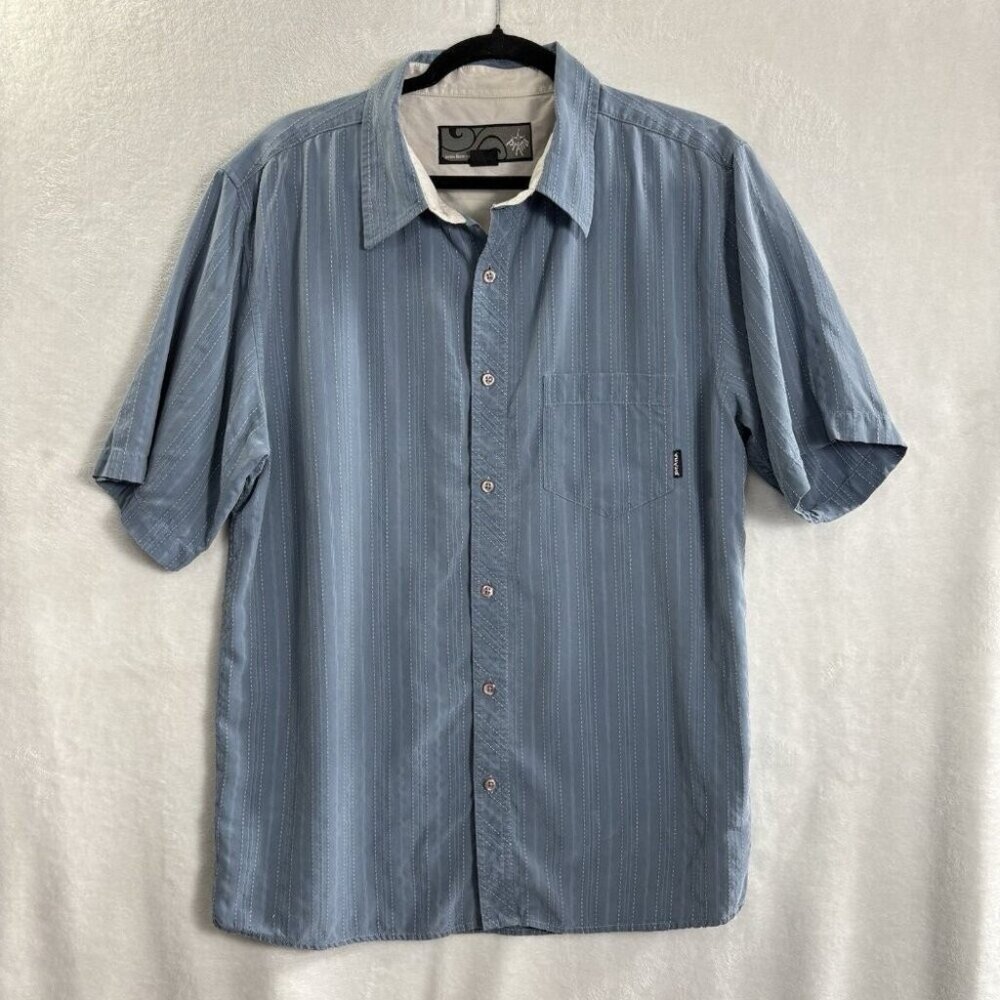 PRANA Men Striped Button Front‎ Short Sleeve Casual Shirt Sz XL Blue Work 24-17